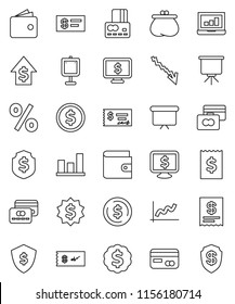 thin line vector icon set - presentation vector, dollar coin, graph, laptop, credit card, wallet, crisis, growth, check, receipt, board, medal, shield, monitor, percent
