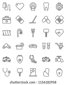 thin line vector icon set - rake vector, water tap, heart pulse, pills, monitor, no trolley, doctor bag, vial, crutches, patch, stethoscope, amkbulance car, tomography, bandage, drop counter, tooth