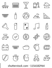 thin line vector icon set - scraper vector, vacuum cleaner, window cleaning, foam basin, agent, plates, woman, colander, cook timer, jug, corner ruler, backpack, music, exchange, punching bag, glass
