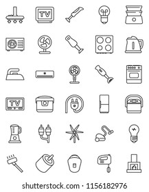 thin line vector icon set - vacuum cleaner vector, iron, kettle, oven, double boiler, blender, tv, rca, windmill, air conditioner, ari condition, fridge, power plug, mixer, multi cooker, epilator