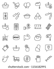 thin line vector icon set - soap vector, cleaner trolley, foam basin, rubber glove, mixer, chicken leg, dollar coin, investment, hand trainer, muscule, boxing, traking, cargo, touchscreen, crutches