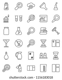 thin line vector icon set - scraper vector, window cleaning, oil, measuring cup, hand mill, spices, jug, jar, magnifier, flask, no alcohol sign, glass, cargo search, vial, sand clock, potion, cloud