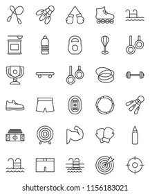 thin line vector icon set - award cup vector, barbell, stadium, weight, jump rope, punching bag, muscule hand, snickers, boxing glove, shorts, roller Skates, skateboard, target, sports nutrition