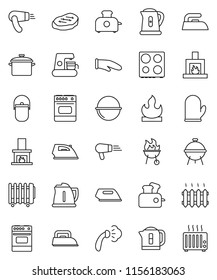 thin line vector icon set - iron vector, steaming, pan, camping cauldron, kettle, cook glove, oven, bbq, steak, flammable, fireplace, heating, coffee maker, toaster, hair dryer, heater