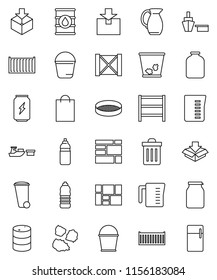 thin line vector icon set - bucket vector, trash bin, garbage pile, measuring cup, jug, sieve, jar, enegry drink, water bottle, sea container, port, wood box, consolidated cargo, package, oil barrel