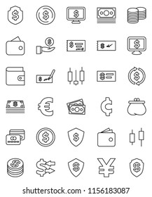 thin line vector icon set - exchange vector, dollar coin, japanese candle, wallet, investment, stack, check, shield, monitor, euro sign, yen, cent, money, credit card, cash