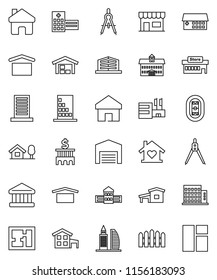 thin line vector icon set - university vector, school building, drawing compass, bank, stadium, dry cargo, hospital, home, cottage, chalet, barn, fence, plan, apartments, office, love, store, mall