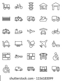 thin line vector icon set - school bus vector, bike, Railway carriage, plane, traffic light, ship, truck trailer, sea container, car, port, consolidated cargo, warehouse, disabled, amkbulance