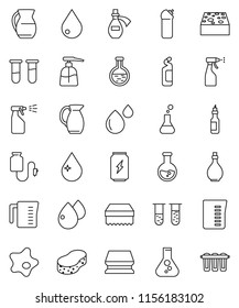 thin line vector icon set - sponge vector, water drop, splotch, liquid soap, sprayer, cleaning agent, oil, measuring cup, jug, flask, enegry drink, vial, blood, potion, counter, filter