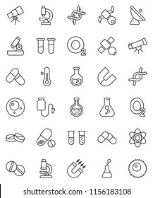 thin line vector icon set - thermometer vector, atom, telescope, microscope, magnet, flask, pills, oxygen, satellite, antenna, vial, dna, drop counter, ovule