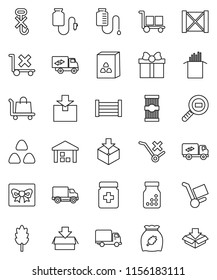 thin line vector icon set - cereal vector, pasta, delivery, wood box, cargo, no trolley, hook, warehouse, package, search, pills bottle, drop counter, relocation truck, gift