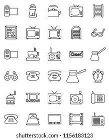 thin line vector icon set - washboard vector, kettle, hand mill, turk coffee, glasses, alarm clock, abacus, phone, film frame, radio, tv, classic, closed, video camera, sewing machine