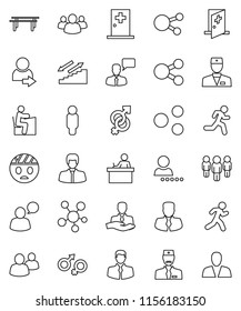 thin line vector icon set - student vector, manager, man, horizontal bar, stairways run, client, speaking, social media, group, doctor, gender sign, head bandage, medical room, share, login