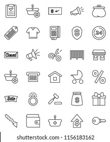 thin line vector icon set - wallet vector, crisis, dollar growth, office, barcode, gift, money bag, sale, closed, 24 hour, percent, card reader, receipt, basket, home, shopping list, auction, check