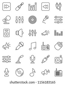 thin line vector icon set - music vector, disk, microphone, radio, speaker, loudspeaker, settings, equalizer, forward button, backward, rca, jack