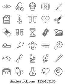 thin line vector icon set - atom vector, flask, pills, heart monitor, first aid kit, doctor bag, pulse, cross, thermometer, vial, eye, gender sign, magnifier, crutches, scissors, scalpel, sand clock