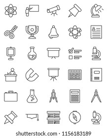 thin line vector icon set - copybook vector, graduate hat, blackboard, drawing compass, student, case, atom, telescope, microscope, bell, table lamp, calculator, schedule, paper pin, award cup, exam