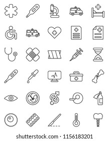 thin line vector icon set - doctor bag vector, ambulance star, disabled, heart cross, thermometer, eye, gender sign, pregnancy, insemination, syringe, dropper, scalpel, broken bone, sand clock
