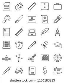 thin line vector icon set - copybook vector, graduate hat, pen, pencil, school building, ruler, drawing compass, glasses, case, telescope, notebook pc, alarm clock, schedule, certificate, magnet