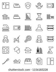 thin line vector icon set - plunger vector, cleaner trolley, fetlock, sponge, car, window cleaning, iron, house hold, woman, microwave oven, school building, cottage, chalet, estate document, rooms