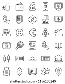 thin line vector icon set - bank vector, exchange, japanese candle, credit card, wallet, money bag, dollar growth, receipt, search, medal, safe, calendar, monitor, cursor, any currency, euro sign