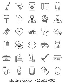 thin line vector icon set - rake vector, heart pulse, pills vial, buttocks, monitor, no trolley, doctor bag, ambulance star, crutches, patch, stethoscope, bottle, hospital bed, building, tomography