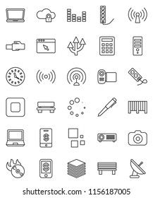 thin line vector icon set - pen vector, clock, music hit, camera, antenna, equalizer, stop button, cloud lock, big data, browser, lan connector, bench, loading, route arrow, wireless, barcode, video