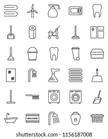 thin line vector icon set - plunger vector, cleaner trolley, fetlock, mop, scoop, bucket, sponge, towel, trash bin, window cleaning, welcome mat, bath, liquid soap, toilet paper, shower, tooth