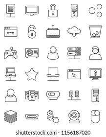 thin line vector icon set - trash bin vector, monitor dollar, cursor, support, favorites, hdmi, server, notebook network, big data, browser, lan connector, share, cloud download, document, unlock