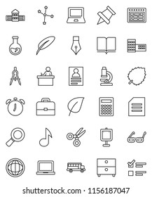 thin line vector icon set - book vector, pen, school building, drawing compass, glasses, student, case, microscope, calculator, notebook pc, alarm clock, schedule, paper pin, scissors, bus, music