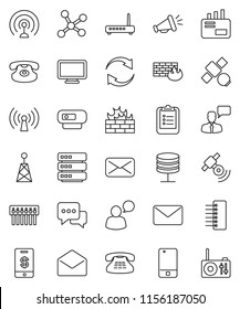 thin line vector icon set - clipboard vector, satellite, antenna, satellitie, mobile phone, dialog, speaking man, classic, mail, network, server, big data, firewall, hub, refresh, wireless, tap pay