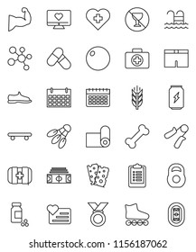 thin line vector icon set - stadium vector, clipboard, pills vial, weight, hand trainer, fitball, muscule, snickers, shorts, roller Skates, skateboard, medal, enegry drink, molecule, calendar, pool