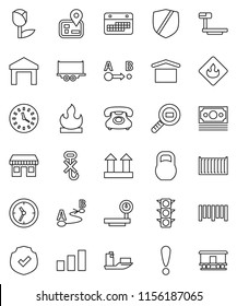 thin line vector icon set - navigator vector, attention, office, money, traffic light, phone, ship, truck trailer, sea container, clock, calendar, dry cargo, top sign, no hook, tulip, warehouse