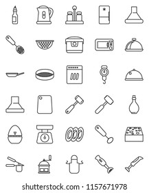 thin line vector icon set - sponge vector, pan, kettle, oil, colander, scales, apron, cook timer, press, whisk, skimmer, meat hammer, cutting board, hand mill, spices, blender, plates, sieve, dish