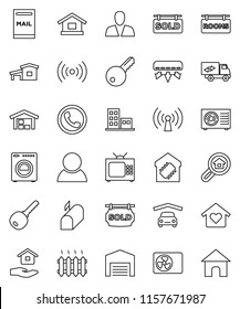 thin line vector icon set - house hold vector, cottage, mailbox, garage, barn, rooms signboard, sold, apartments, search estate, consumer, key, washer, relocation truck, love home, heating, tv