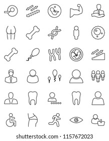 thin line vector icon set - man vector, muscule hand, buttocks, stairways run, bone, client, disabled, eye, dna, pregnancy, insemination, chromosomes, sperm, ovule, tooth, user, login, consumer