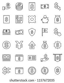 thin line vector icon set - exchange vector, dollar coin, cash, money bag, piggy bank, investment, growth, receipt, medal, flag, shield, calendar, cursor, any currency, yen sign