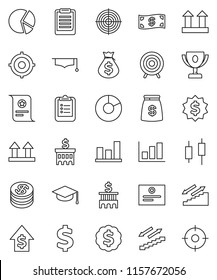 thin line vector icon set - graduate hat vector, clipboard, award cup, certificate, graph, pie, japanese candle, money bag, dollar growth, bank building, target, medal, sign, stairways run, top