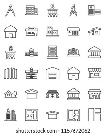 thin line vector icon set - university vector, school building, drawing compass, bank, stadium, dry cargo, hospital, home, cottage, chalet, barn, fence, plan, apartments, office, store, mall, window