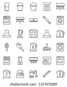 thin line vector icon set - vacuum cleaner vector, bucket, kettle, scales, oven, air conditioner, fridge, washer, coffee maker, hood, blender