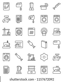 thin line vector icon set - washer vector, washing powder, mixer, blender, tomography, gear, construction crane, card reader, dishwasher, coffee maker, meat grinder, double boiler, sewing machine
