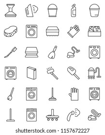 thin line vector icon set - broom vector, vacuum cleaner, mop, bucket, sponge, car fetlock, steaming, washer, washing powder, cleaning agent, rubber glove