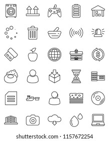 thin line vector icon set - soap vector, trash bin, washer, university, school building, apple fruit, document, exchange, sand clock, breads, support, port, top sign, warehouse, package, disk, globe