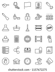 thin line vector icon set - plunger vector, house hold, spatula, ladle, grater, cereal, world, flag, clock, molecule, fitness mat, port, warehouse, film frame, touchscreen, stethoscope, big data