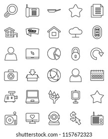 thin line vector icon set - pan vector, presentation, pie graph, calendar, dollar cursor, heart monitor, first aid kit, stadium, document, radio, notebook pc, connection, cloud network, redo, lock
