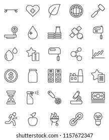 thin line vector icon set - water drop vector, sprayer, skimmer, meat hammer, bbq, jar, apple fruit, microscope, world, leaf, dollar coin, graph, sand clock, skateboard, molecule, run, satellite