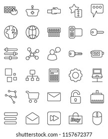 thin line vector icon set - calculator vector, world, cart, video camera, speaking man, mail, forward button, network, notebook, gear, equalizer, menu, firewall, hub, lan connector, favorites, globe