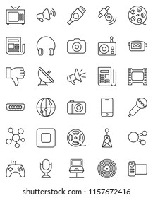 thin line vector icon set - satellite antenna vector, film frame, spool, disk, camera, microphone, radio, satellitie, newspaper, loudspeaker, gamepad, video, internet, mobile phone, headphones, hdmi