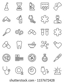 thin line vector icon set - pills vector, molecule, oxygen, ambulance star, heart cross, thermometer, flask, vial, gender sign, pregnancy, broken bone, sand clock, stethoscope, mortar, microscope