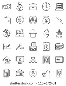 thin line vector icon set - abacus vector, bank, exchange, graph, credit card, wallet, cash, crisis, percent growth, money bag, case, coin stack, auction, building, clock, arrow up, dollar medal